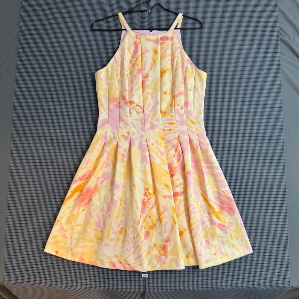 Vince Camuto Pink Yellow Floral Halter Fit and Flare Pleated Dress Size 12